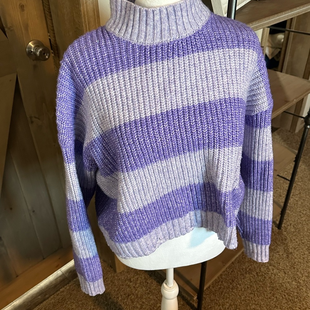 No Boundaries Purple and White Striped Turtleneck Sweater